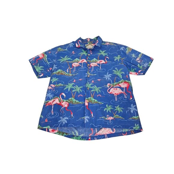 VTG Paradise Found Flamingos Hawaiian Shirt Blue Mens Medium Tropical Palm Trees - Picture 1 of 8